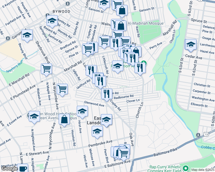 map of restaurants, bars, coffee shops, grocery stores, and more near 607 Littlecroft Road in Upper Darby