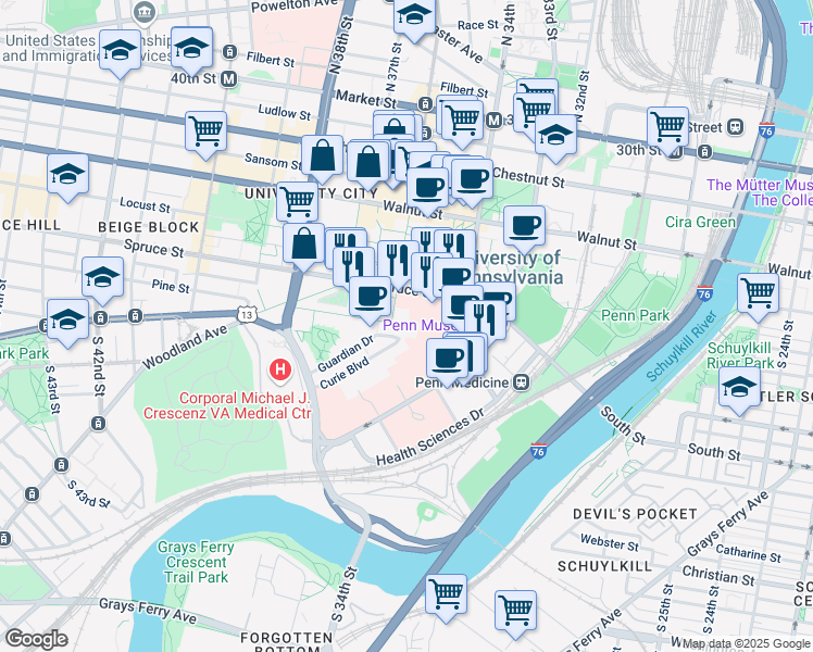 map of restaurants, bars, coffee shops, grocery stores, and more near 2700 Hamilton Walk in Philadelphia