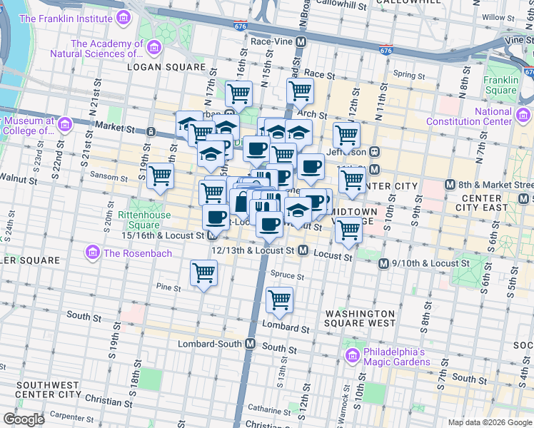 map of restaurants, bars, coffee shops, grocery stores, and more near in Philadelphia