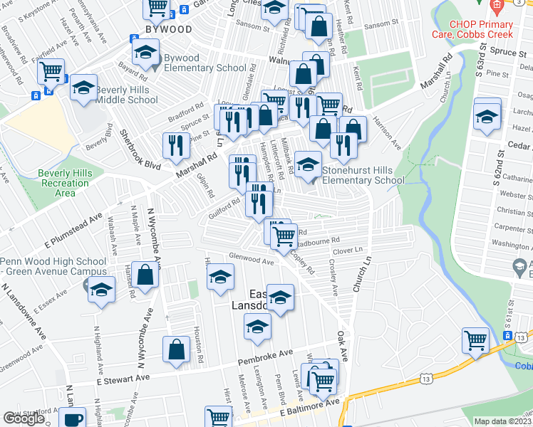 map of restaurants, bars, coffee shops, grocery stores, and more near 620 Copley Road in Upper Darby