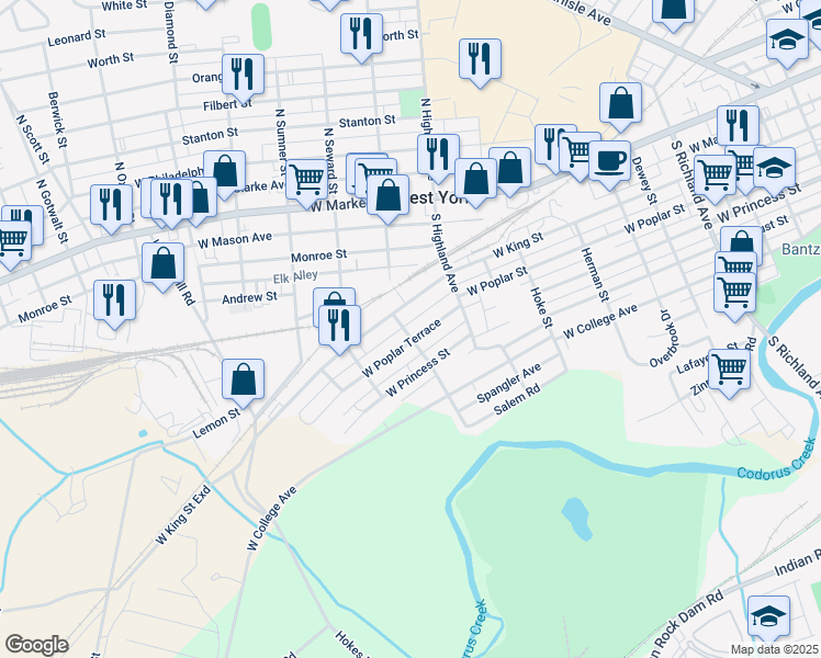 map of restaurants, bars, coffee shops, grocery stores, and more near 223 South Adams Street in West York