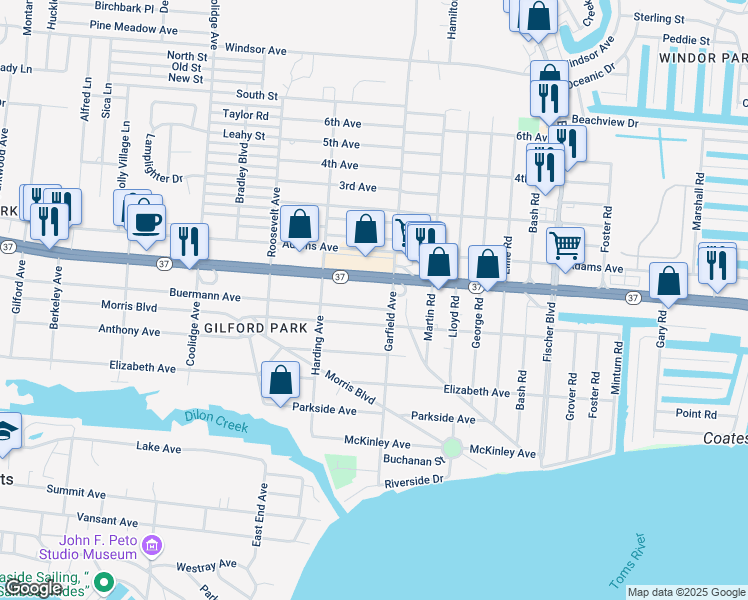 map of restaurants, bars, coffee shops, grocery stores, and more near 8 Garfield Avenue in Toms River