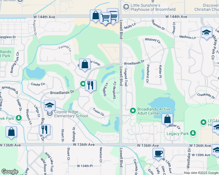 map of restaurants, bars, coffee shops, grocery stores, and more near 13930 Dogleg Lane in Broomfield