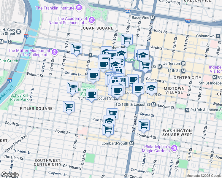 map of restaurants, bars, coffee shops, grocery stores, and more near 1616 Walnut Street in Philadelphia