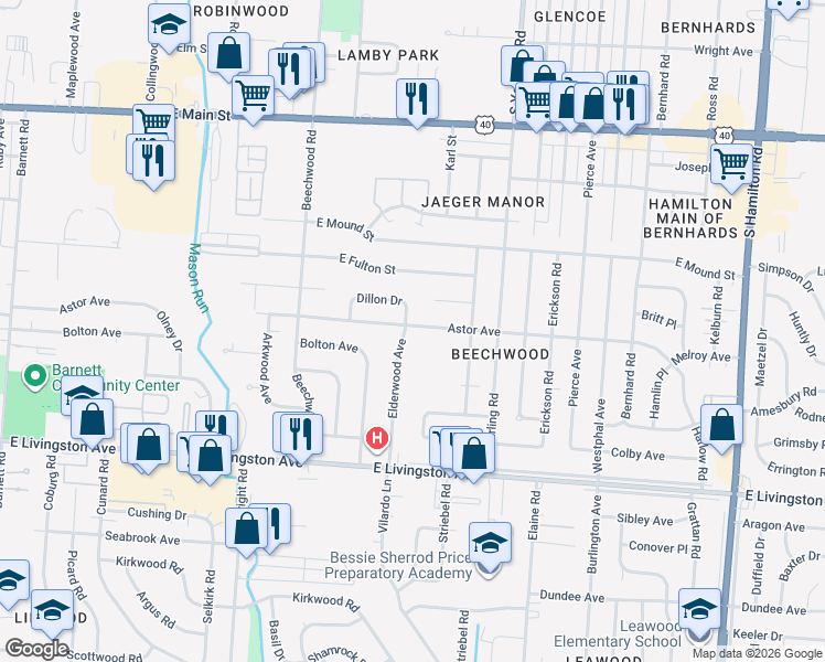 map of restaurants, bars, coffee shops, grocery stores, and more near 3989 Astor Avenue in Columbus
