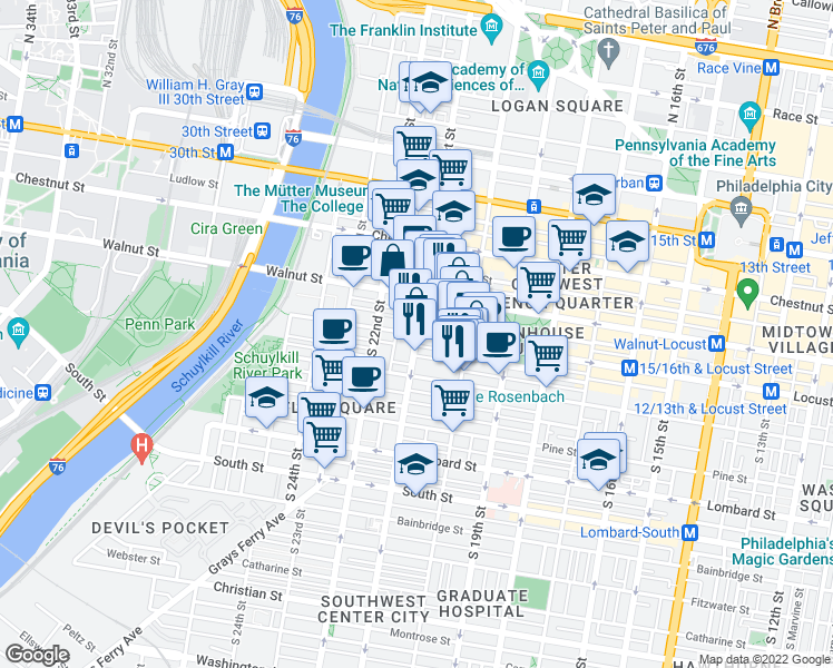 map of restaurants, bars, coffee shops, grocery stores, and more near S 21st St & Locust St in Philadelphia