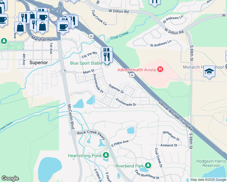 map of restaurants, bars, coffee shops, grocery stores, and more near 658 Paintbrush Ln in Superior