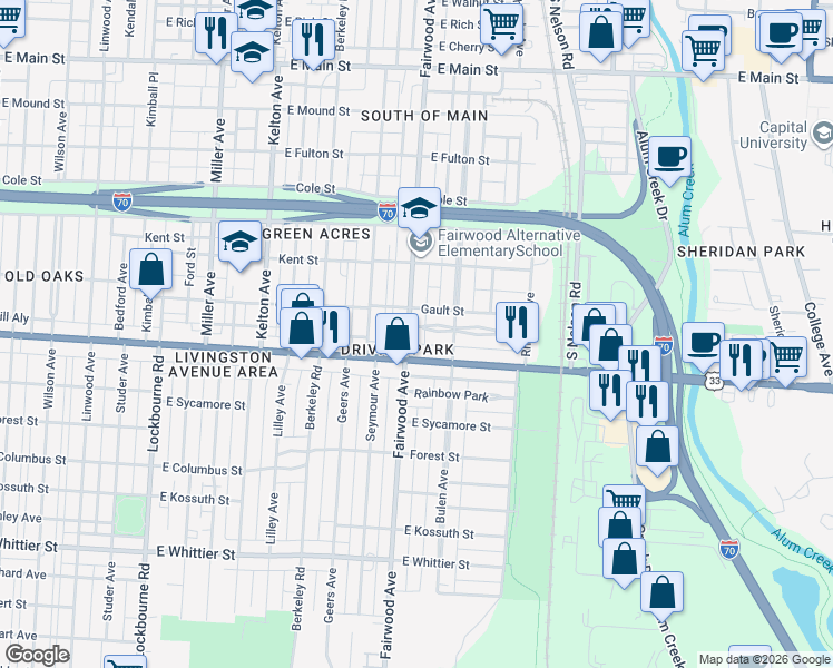 map of restaurants, bars, coffee shops, grocery stores, and more near in Columbus