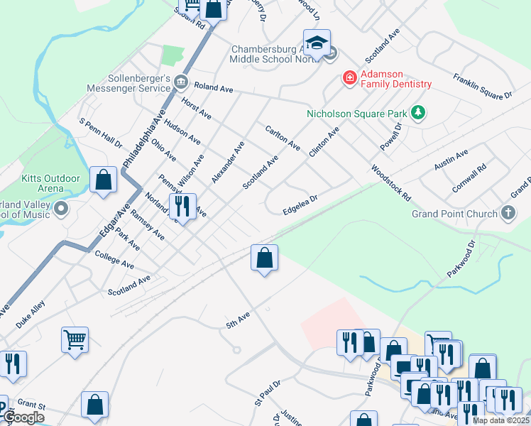 map of restaurants, bars, coffee shops, grocery stores, and more near 32 Edgelea Drive in Chambersburg