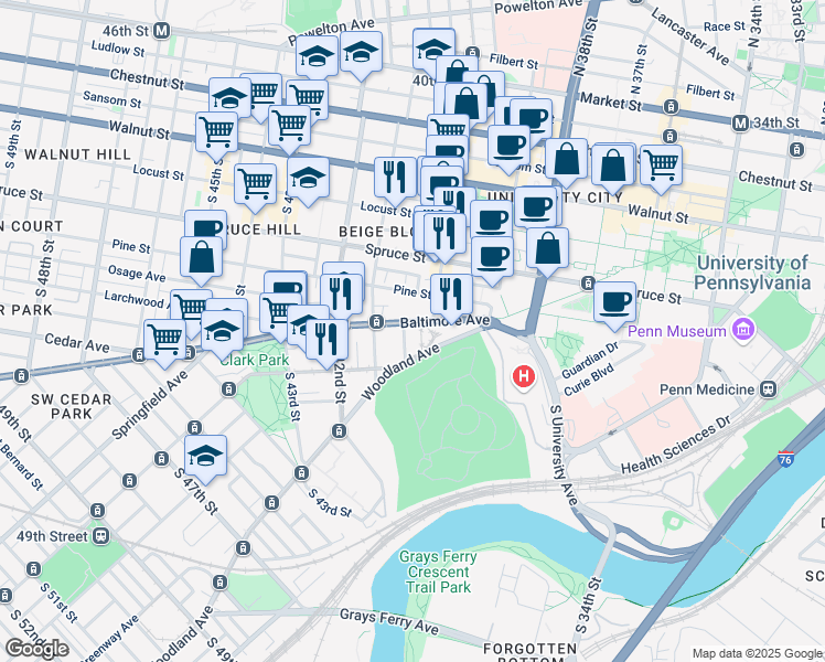 map of restaurants, bars, coffee shops, grocery stores, and more near in Philadelphia