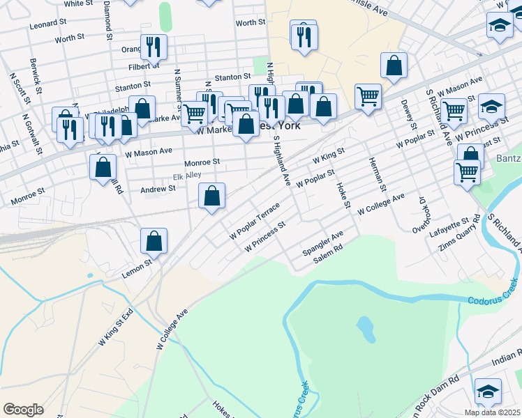 map of restaurants, bars, coffee shops, grocery stores, and more near 223 South Adams Street in West York