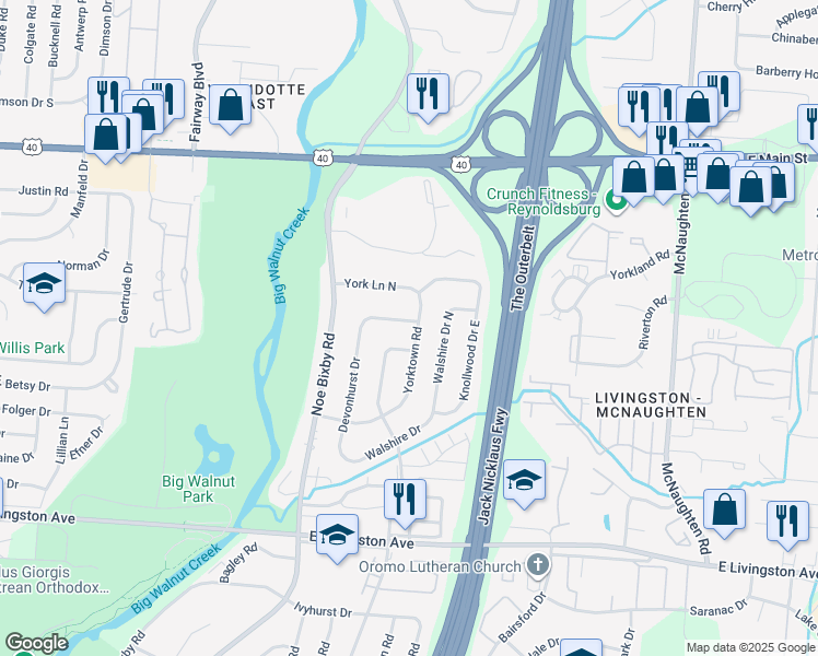 map of restaurants, bars, coffee shops, grocery stores, and more near 1393 Yorktown Road in Columbus