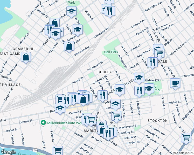 map of restaurants, bars, coffee shops, grocery stores, and more near 300 North 28th Street in Camden