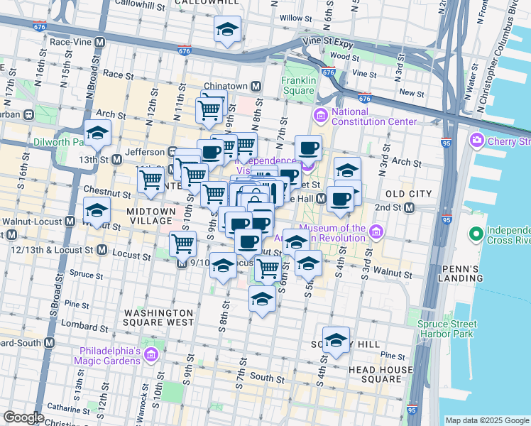 map of restaurants, bars, coffee shops, grocery stores, and more near 701 Chestnut Street in Philadelphia
