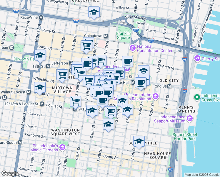 map of restaurants, bars, coffee shops, grocery stores, and more near 729 Sansom Street in Philadelphia