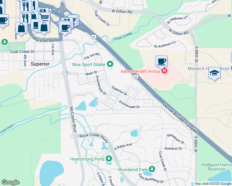 map of restaurants, bars, coffee shops, grocery stores, and more near 658 Paintbrush Ln in Superior