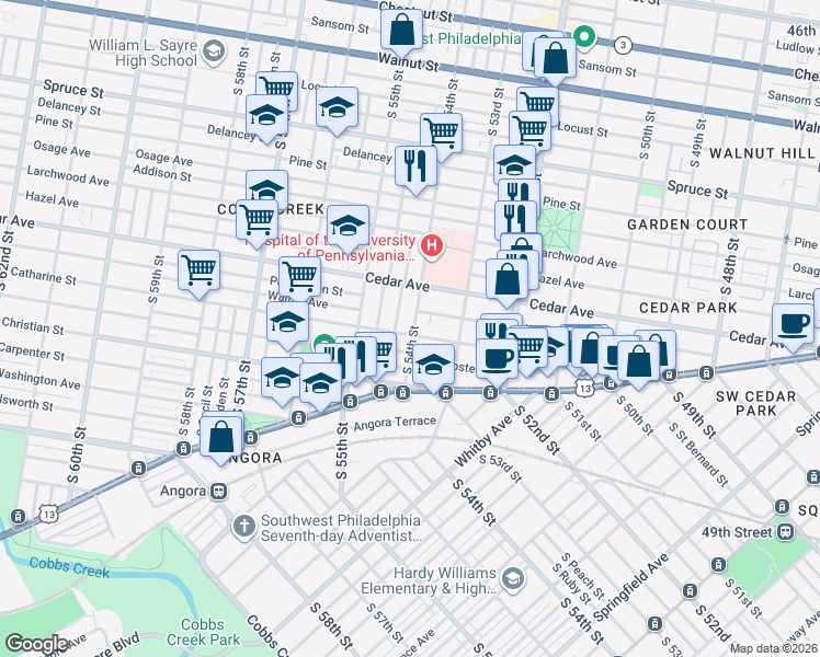 map of restaurants, bars, coffee shops, grocery stores, and more near 5401 Catharine Street in Philadelphia