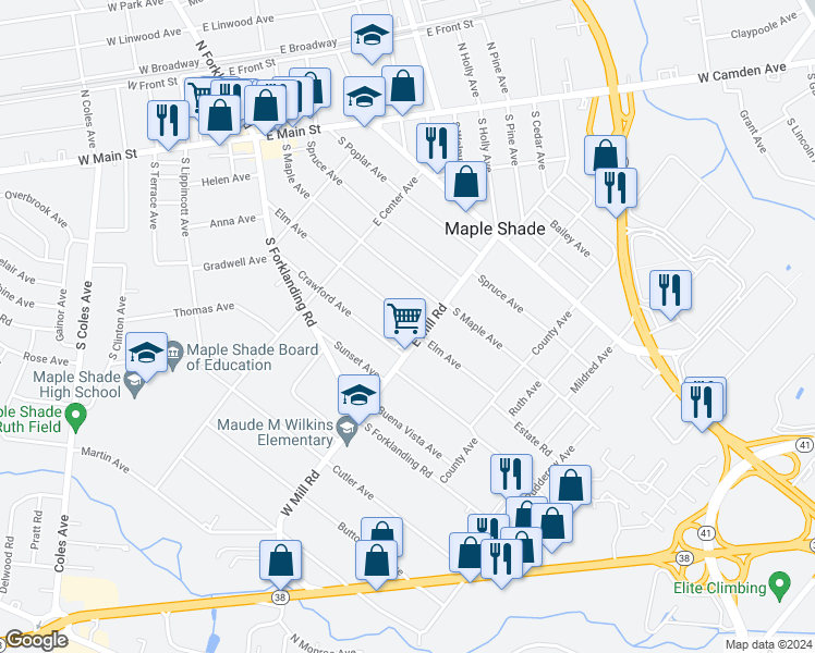 map of restaurants, bars, coffee shops, grocery stores, and more near 376 Elm Avenue in Maple Shade Township