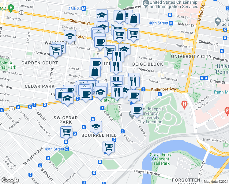 map of restaurants, bars, coffee shops, grocery stores, and more near 4309 Baltimore Avenue in Philadelphia