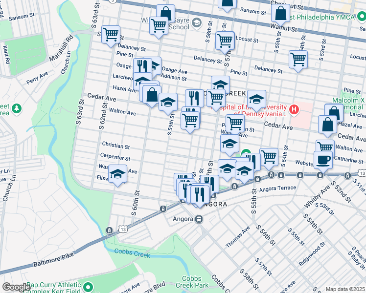 map of restaurants, bars, coffee shops, grocery stores, and more near 5820 Norfolk Street in Philadelphia
