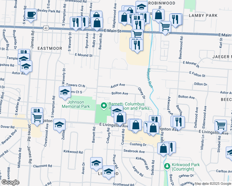 map of restaurants, bars, coffee shops, grocery stores, and more near 3503 Bolton Avenue in Columbus