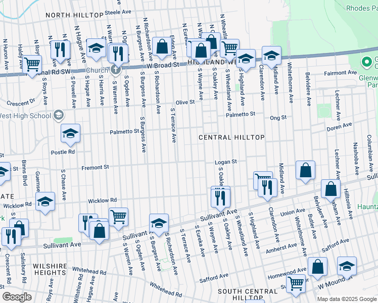 map of restaurants, bars, coffee shops, grocery stores, and more near 269 South Eureka Avenue in Columbus