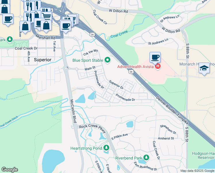 map of restaurants, bars, coffee shops, grocery stores, and more near 2320 Village Green Way in Superior