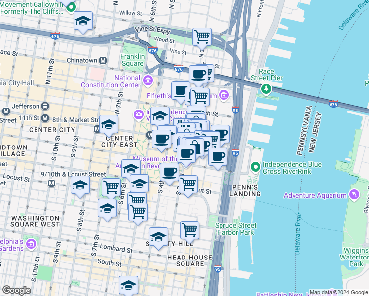 map of restaurants, bars, coffee shops, grocery stores, and more near 18 South 3rd Street in Philadelphia