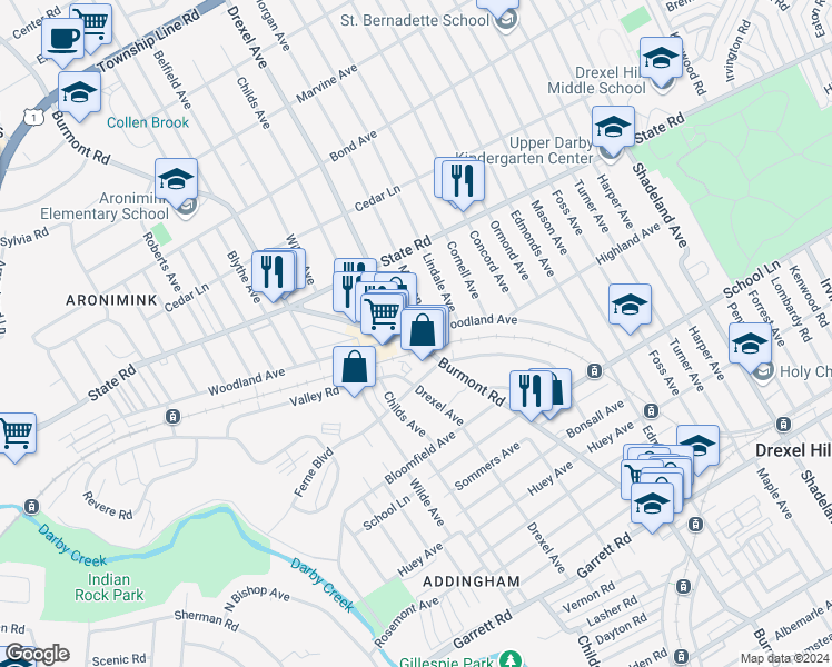 map of restaurants, bars, coffee shops, grocery stores, and more near 4212 Woodland Avenue in Upper Darby