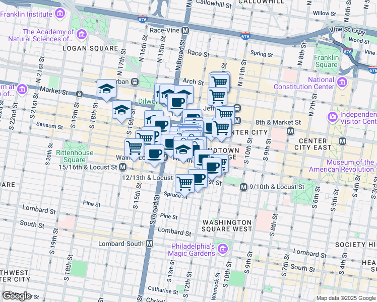 map of restaurants, bars, coffee shops, grocery stores, and more near 1213 Walnut Street in Philadelphia
