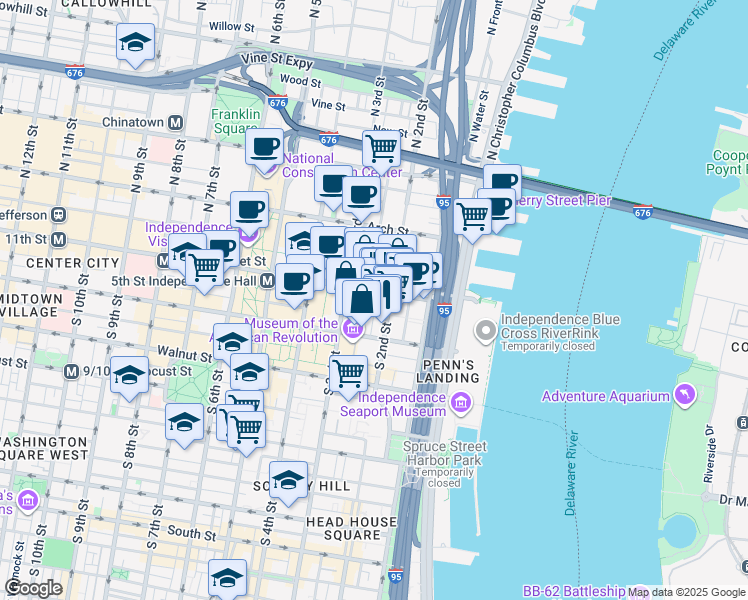 map of restaurants, bars, coffee shops, grocery stores, and more near 4 South Strawberry Street in Philadelphia