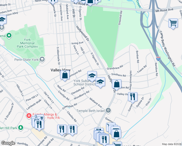 map of restaurants, bars, coffee shops, grocery stores, and more near 1426 Hill Street in York