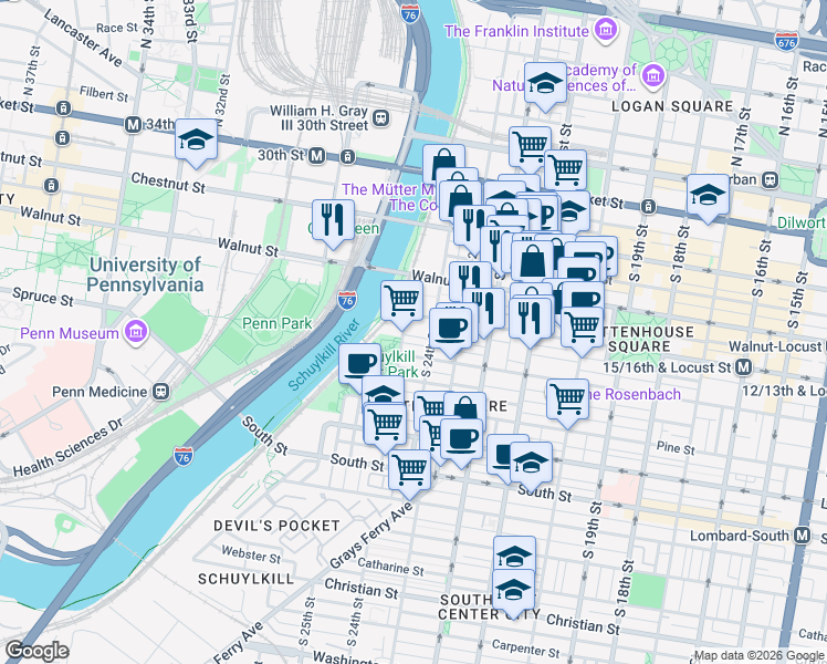 map of restaurants, bars, coffee shops, grocery stores, and more near 201 South 25th Street in Philadelphia