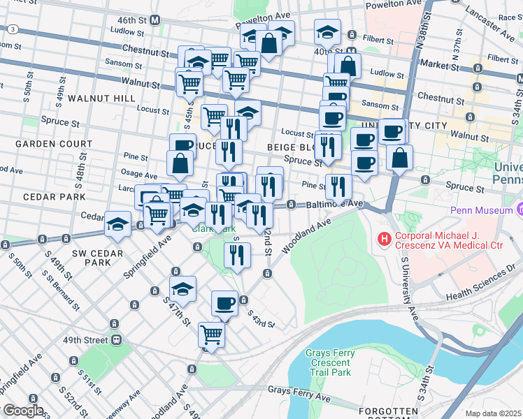 map of restaurants, bars, coffee shops, grocery stores, and more near 4204 Baltimore Avenue in Philadelphia