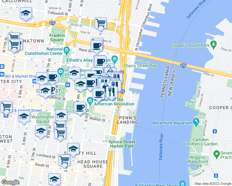 map of restaurants, bars, coffee shops, grocery stores, and more near 22 Market Street in Philadelphia