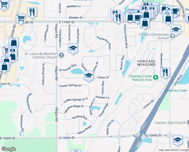 map of restaurants, bars, coffee shops, grocery stores, and more near 11121 Ashley Place in Fishers
