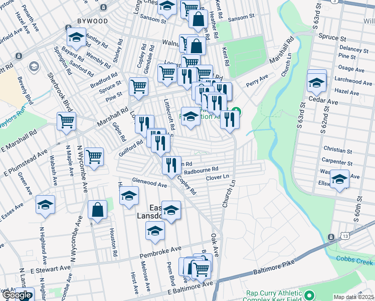 map of restaurants, bars, coffee shops, grocery stores, and more near 7020 Guilford Road in Upper Darby