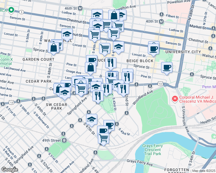 map of restaurants, bars, coffee shops, grocery stores, and more near 4313 Baltimore Avenue in Philadelphia