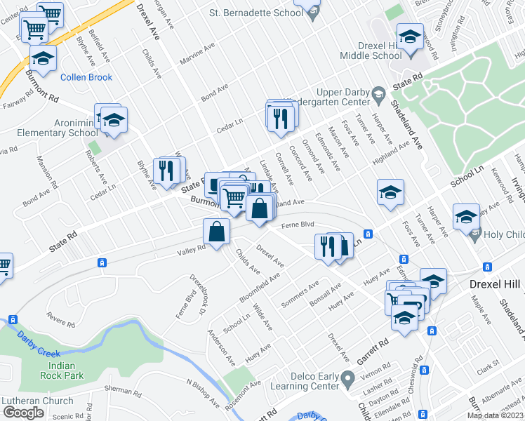 map of restaurants, bars, coffee shops, grocery stores, and more near 4202A Woodland Avenue in Upper Darby