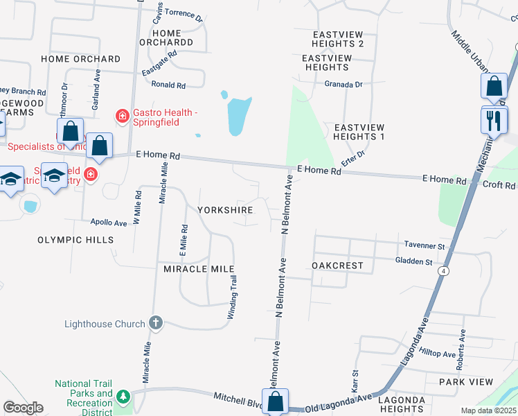 map of restaurants, bars, coffee shops, grocery stores, and more near 1948 Wilkes Drive in Springfield