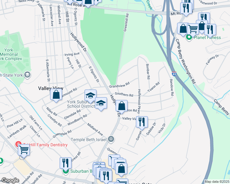 map of restaurants, bars, coffee shops, grocery stores, and more near 1049 Southern Road in York
