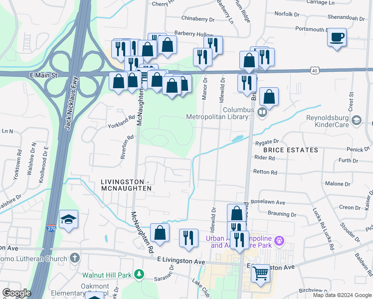 map of restaurants, bars, coffee shops, grocery stores, and more near 6275 McNaughten Lakes Drive in Columbus