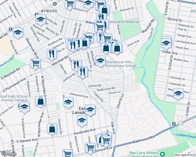 map of restaurants, bars, coffee shops, grocery stores, and more near 7024 Guilford Road in Upper Darby