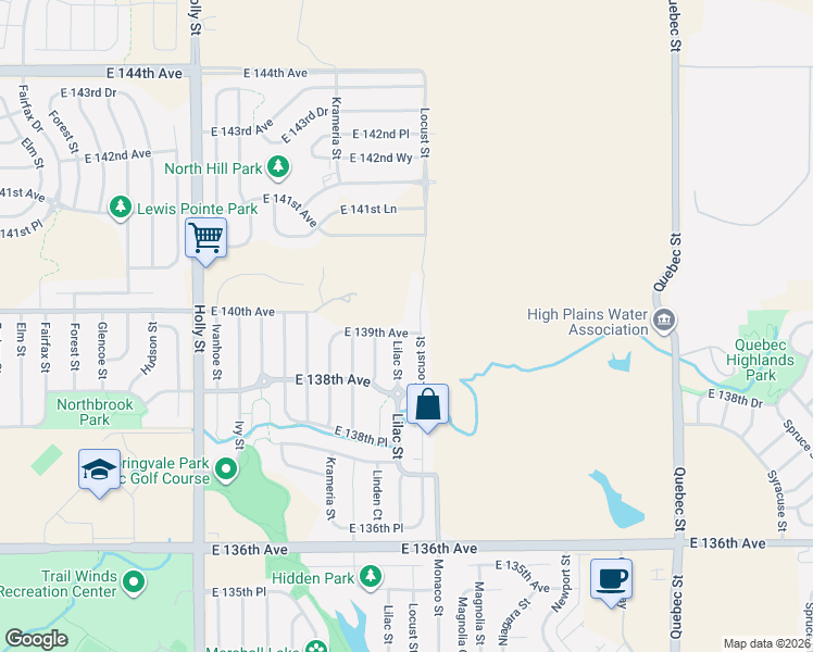 map of restaurants, bars, coffee shops, grocery stores, and more near 13897 Lilac Street in Thornton