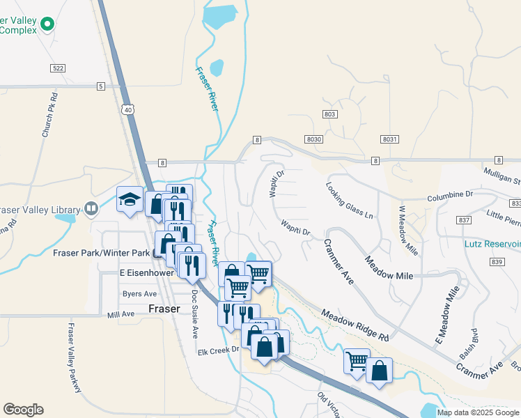 map of restaurants, bars, coffee shops, grocery stores, and more near 550-552 Wapiti Lane in Granby