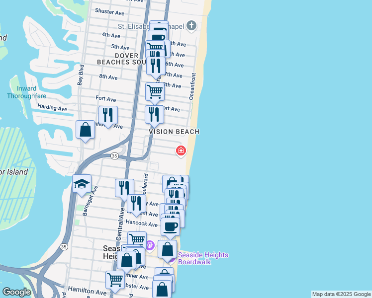 map of restaurants, bars, coffee shops, grocery stores, and more near 16 Dune Terrace in Seaside Heights