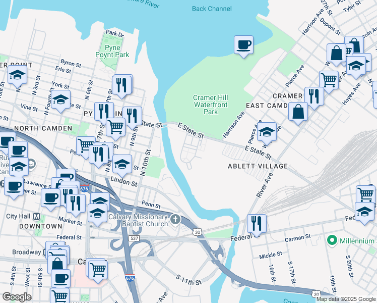 map of restaurants, bars, coffee shops, grocery stores, and more near Centennial Drive in Camden