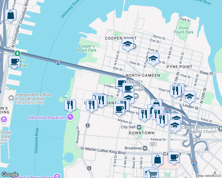 map of restaurants, bars, coffee shops, grocery stores, and more near 323 North Front Street in Camden