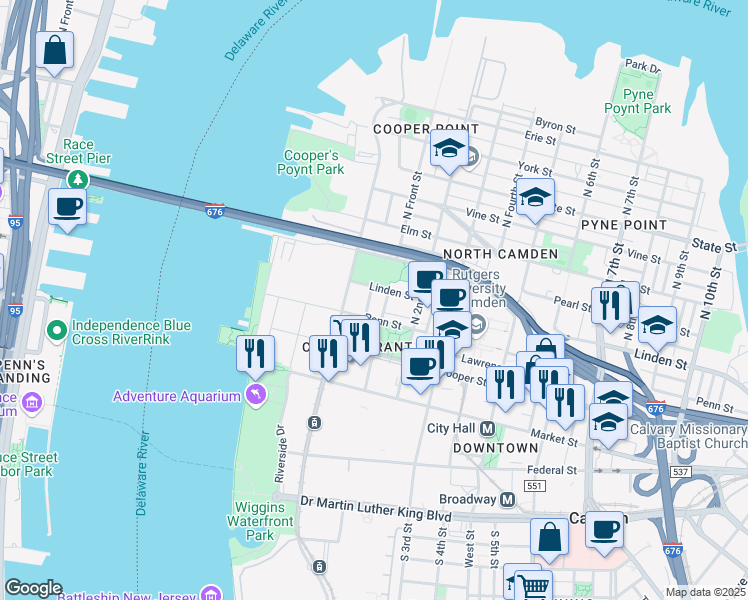 map of restaurants, bars, coffee shops, grocery stores, and more near 323 North Front Street in Camden