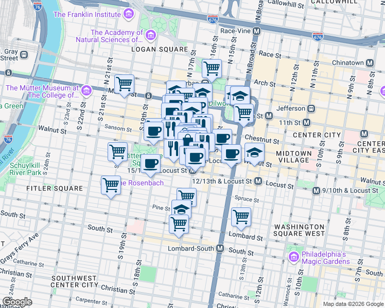 map of restaurants, bars, coffee shops, grocery stores, and more near 1600 Walnut Street in Philadelphia